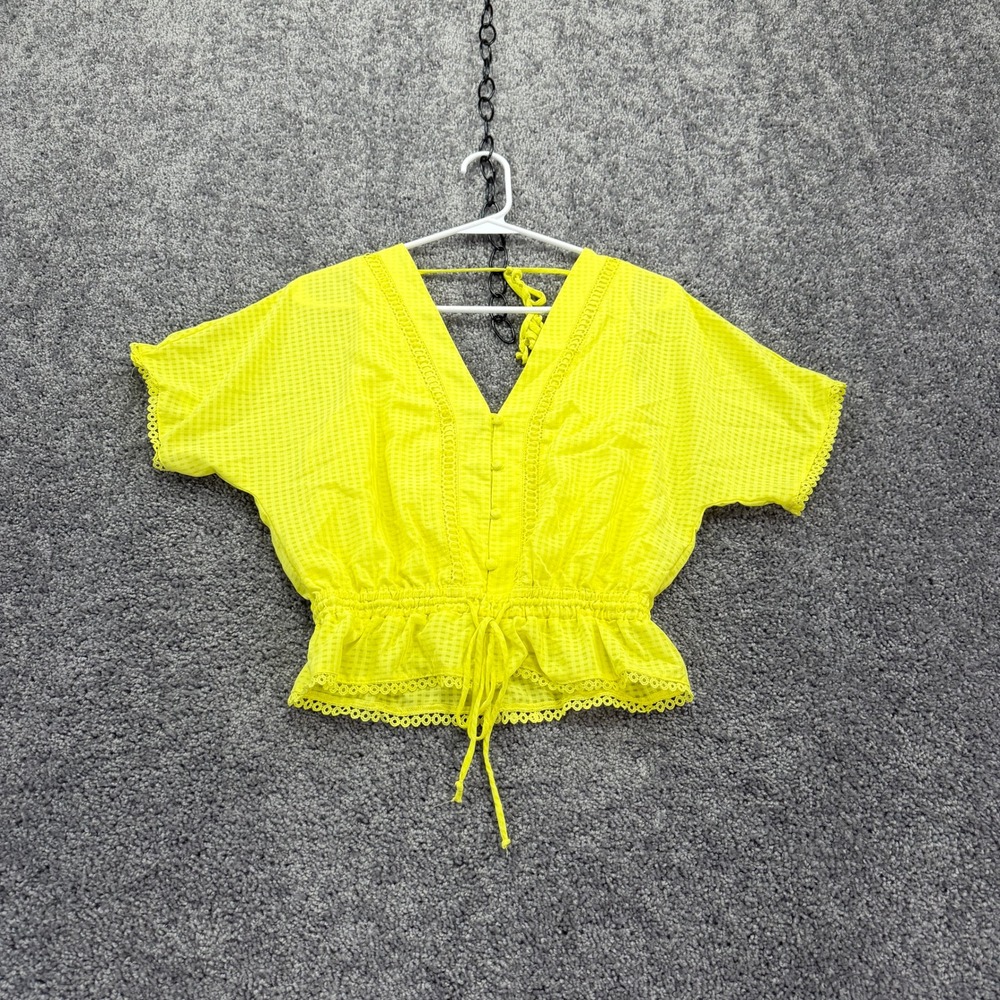 Miami Peplum Top Womens Small Yellow Gingham Lace Trim V Neck Short Sleeve Top